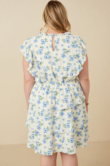 HY7198W Blue Plus Textured Romantic Floral Split Tiered Dress Full Body